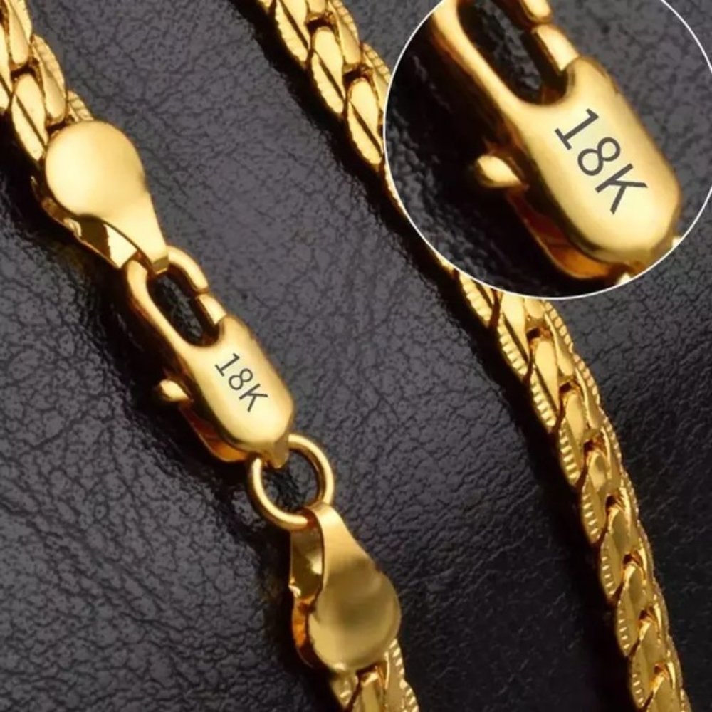 18k Gold 45cm 5MM Full Sideways Chain Necklace For Women Men Fashion Jewelry - Picture 3 of 3